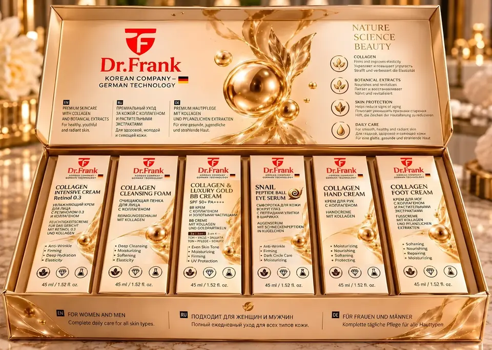 Dr.Frank premium skincare set: six 45 ml products in an open gold gift box